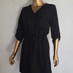 Max Studio Black V-Neck Drawstring Shirt Dress